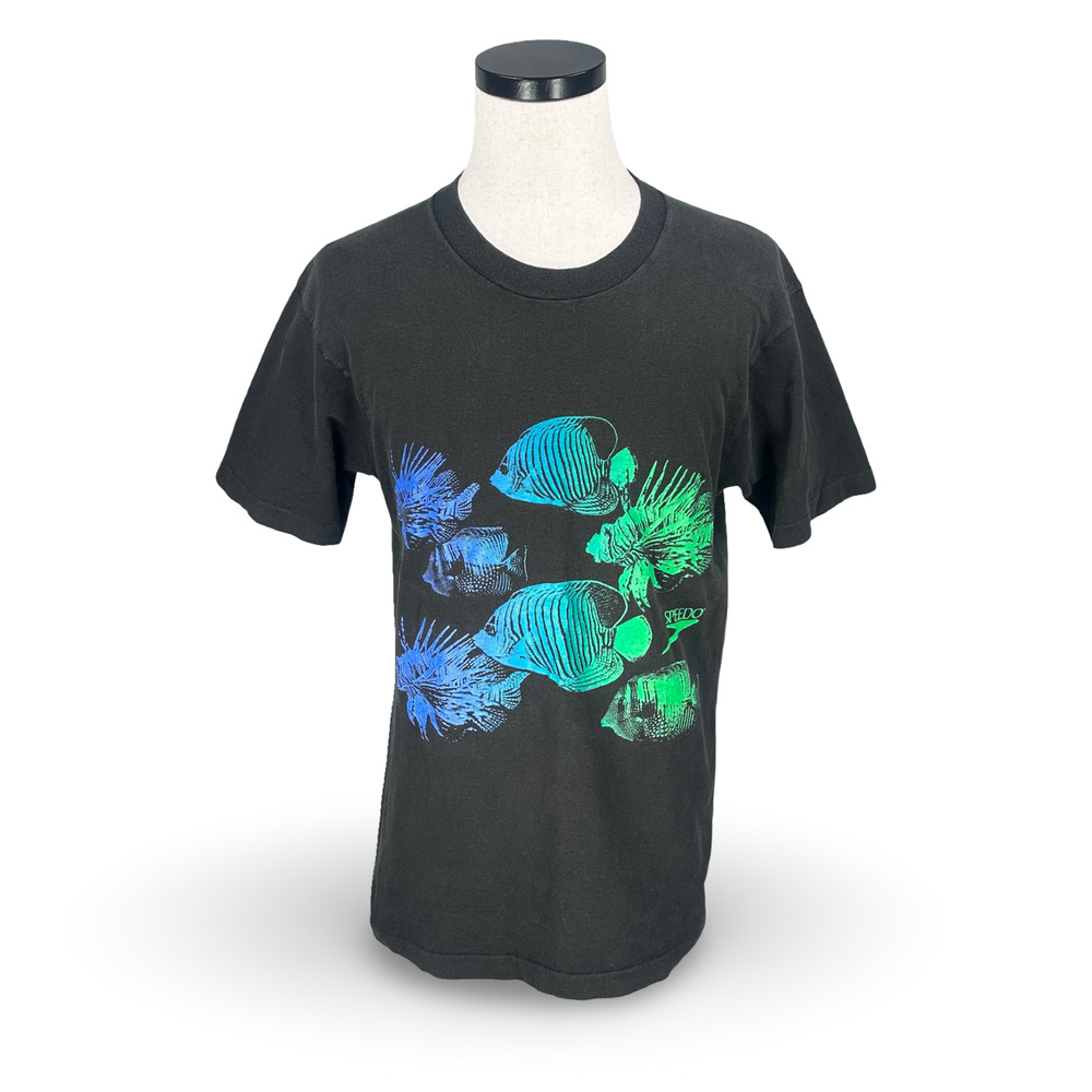 Vintage Speedo T-Shirt Neon Tropical Fish Men’s Medium Black Graphic Cotton USA